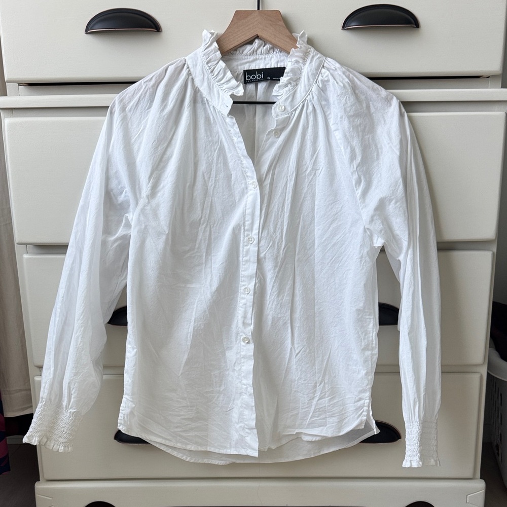 bobi White Ruffle-Neck Button-Down Blouse